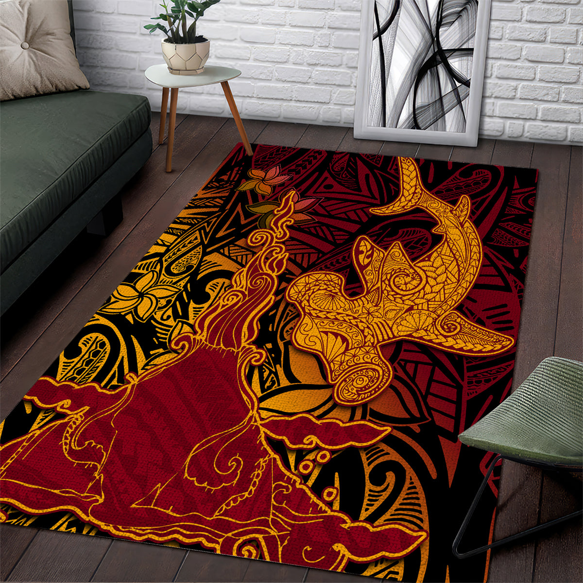 Hawaiian Volcano and Shark Area Rug Polynesian and Hibiscus Pattern Lava Color LT03 Red - Polynesian Pride