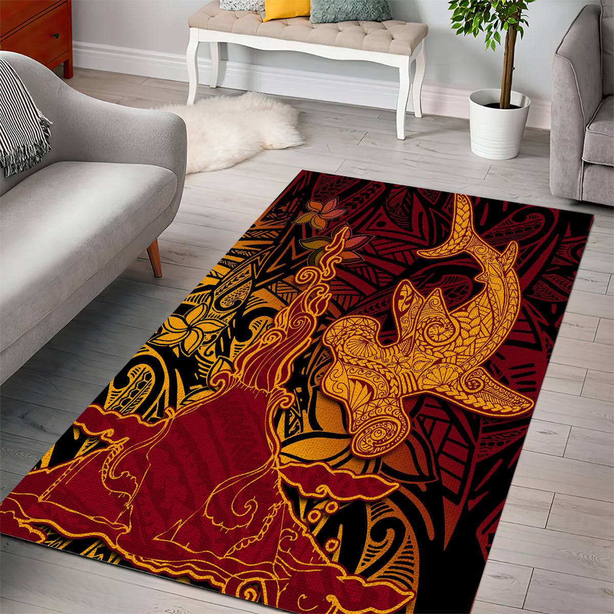 Hawaiian Volcano and Shark Area Rug Polynesian and Hibiscus Pattern Lava Color LT03 - Polynesian Pride