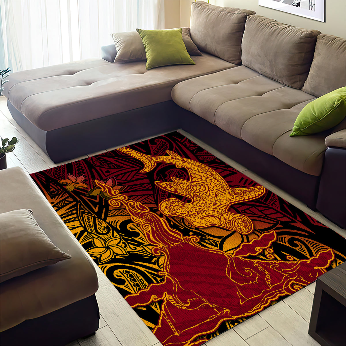 Hawaiian Volcano and Shark Area Rug Polynesian and Hibiscus Pattern Lava Color LT03 - Polynesian Pride
