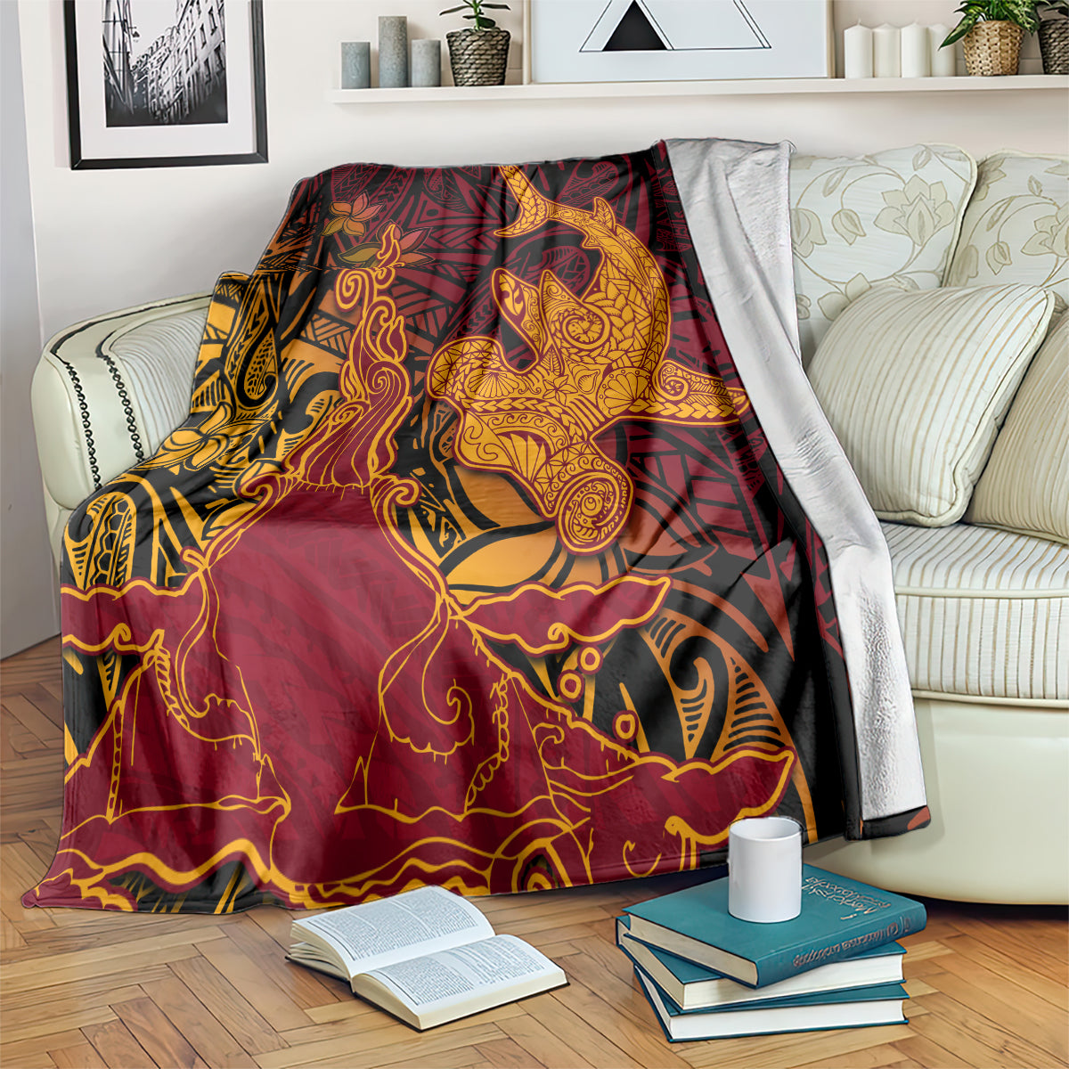 Hawaiian Volcano and Shark Blanket Polynesian and Hibiscus Pattern Lava Color LT03 Red - Polynesian Pride