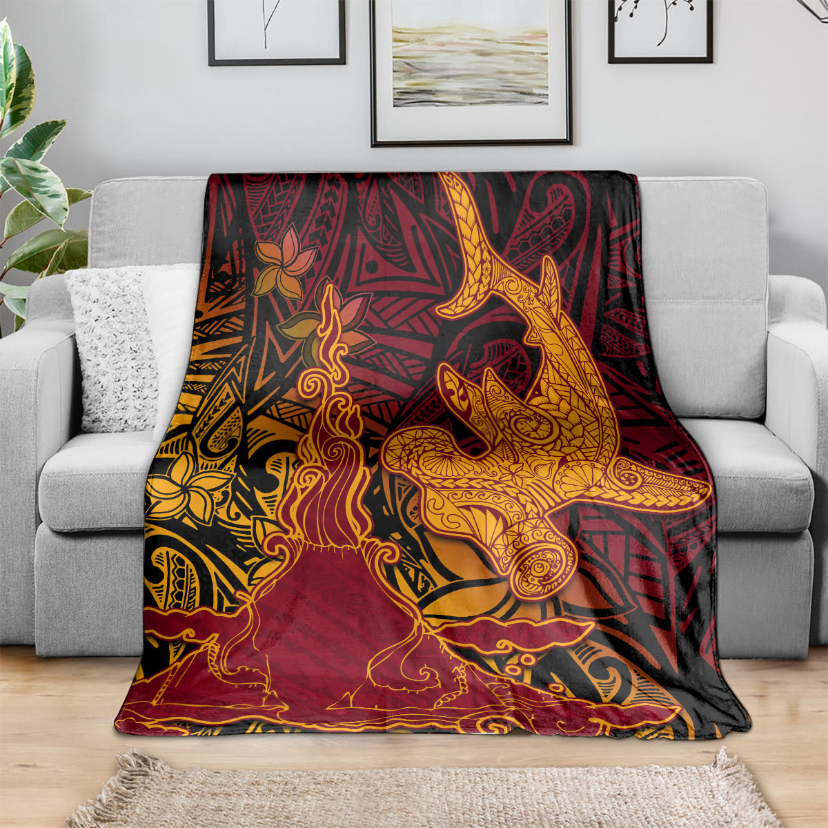 Hawaiian Volcano and Shark Blanket Polynesian and Hibiscus Pattern Lava Color LT03 - Polynesian Pride