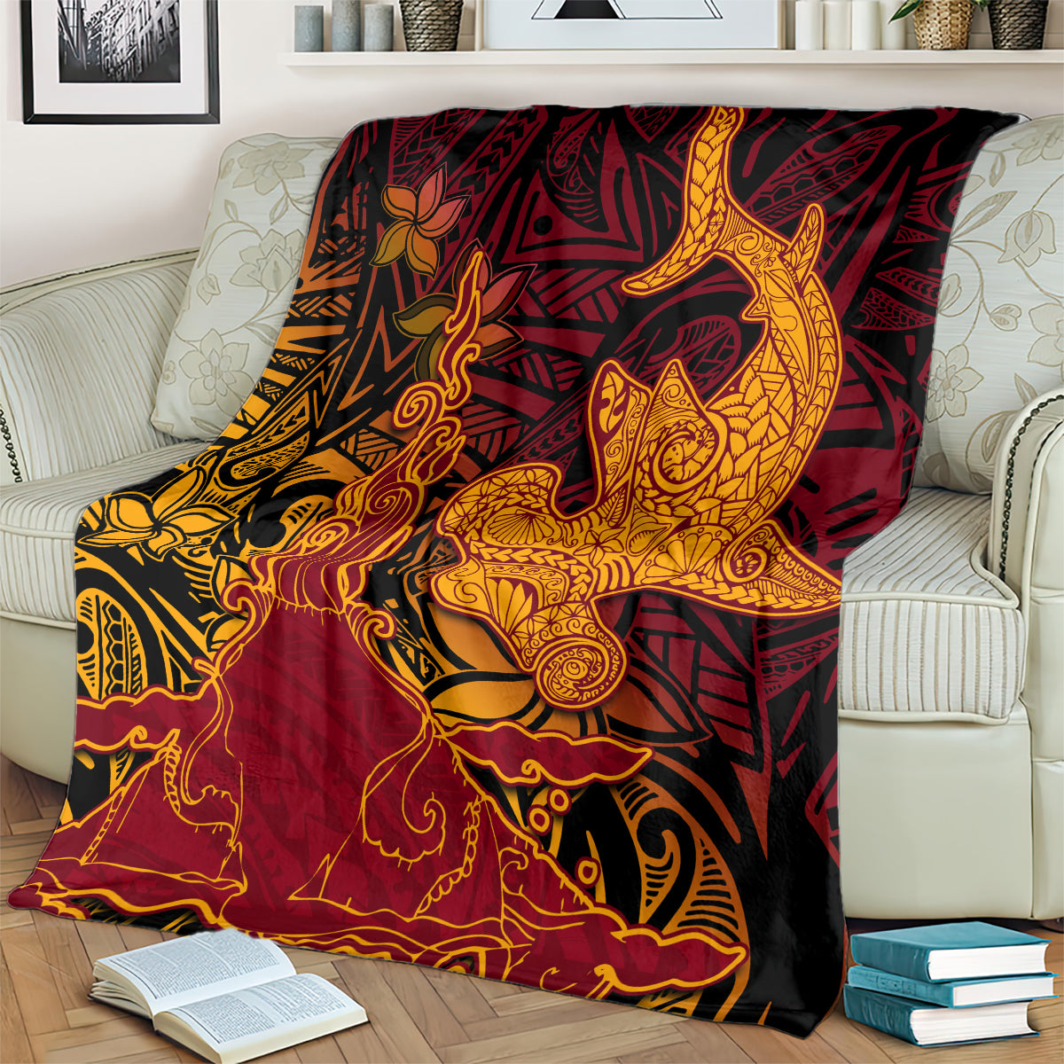 Hawaiian Volcano and Shark Blanket Polynesian and Hibiscus Pattern Lava Color LT03 - Polynesian Pride