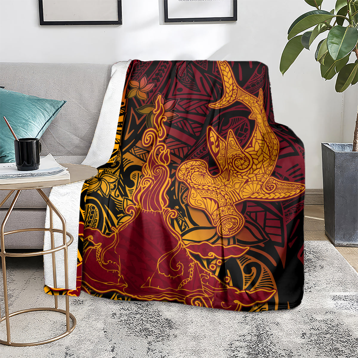Hawaiian Volcano and Shark Blanket Polynesian and Hibiscus Pattern Lava Color LT03 - Polynesian Pride