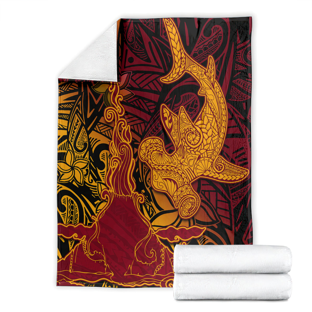 Hawaiian Volcano and Shark Blanket Polynesian and Hibiscus Pattern Lava Color LT03 - Polynesian Pride