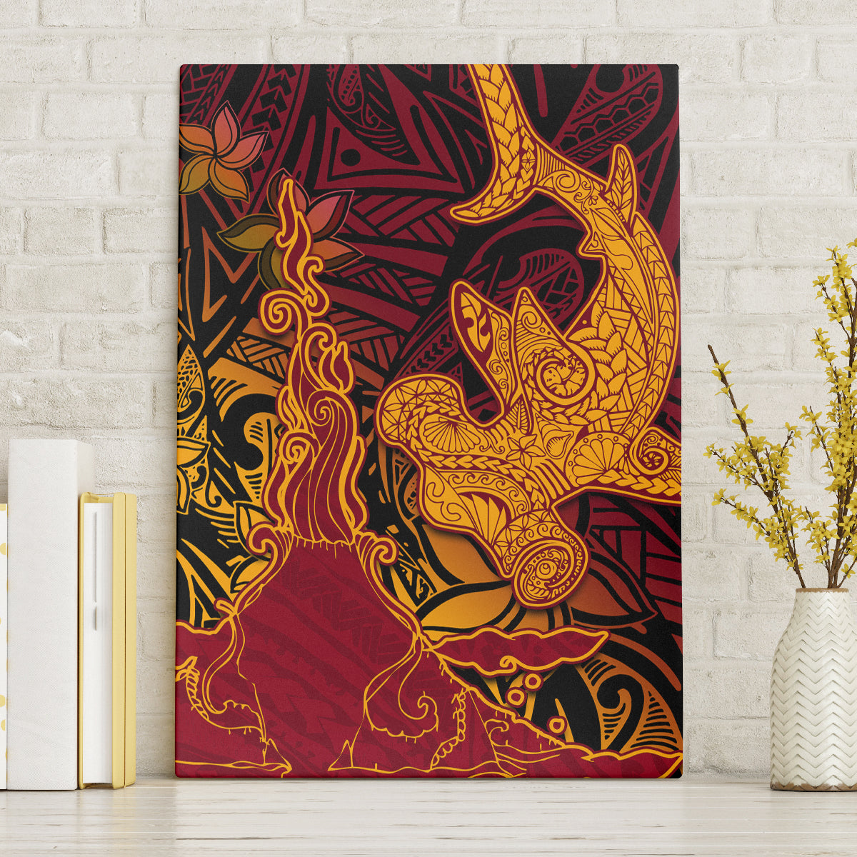Hawaiian Volcano and Shark Canvas Wall Art Polynesian and Hibiscus Pattern Lava Color LT03 Without Frame Red - Polynesian Pride