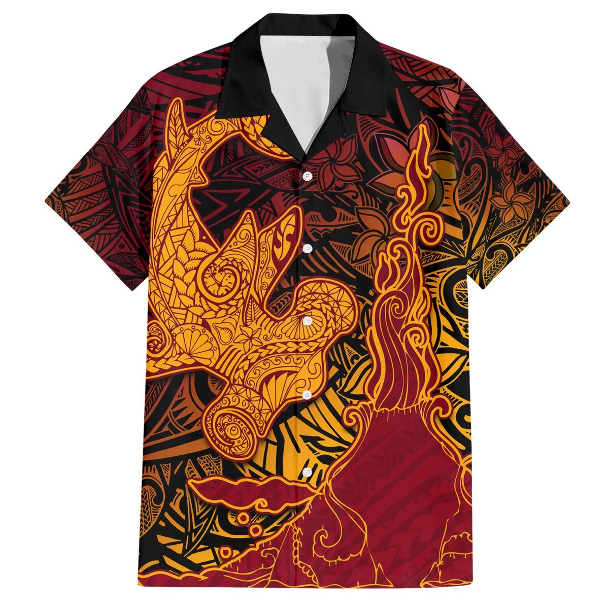 Hawaiian Volcano and Shark Hawaiian Shirt Polynesian and Hibiscus Pattern Lava Color LT03 Red - Polynesian Pride
