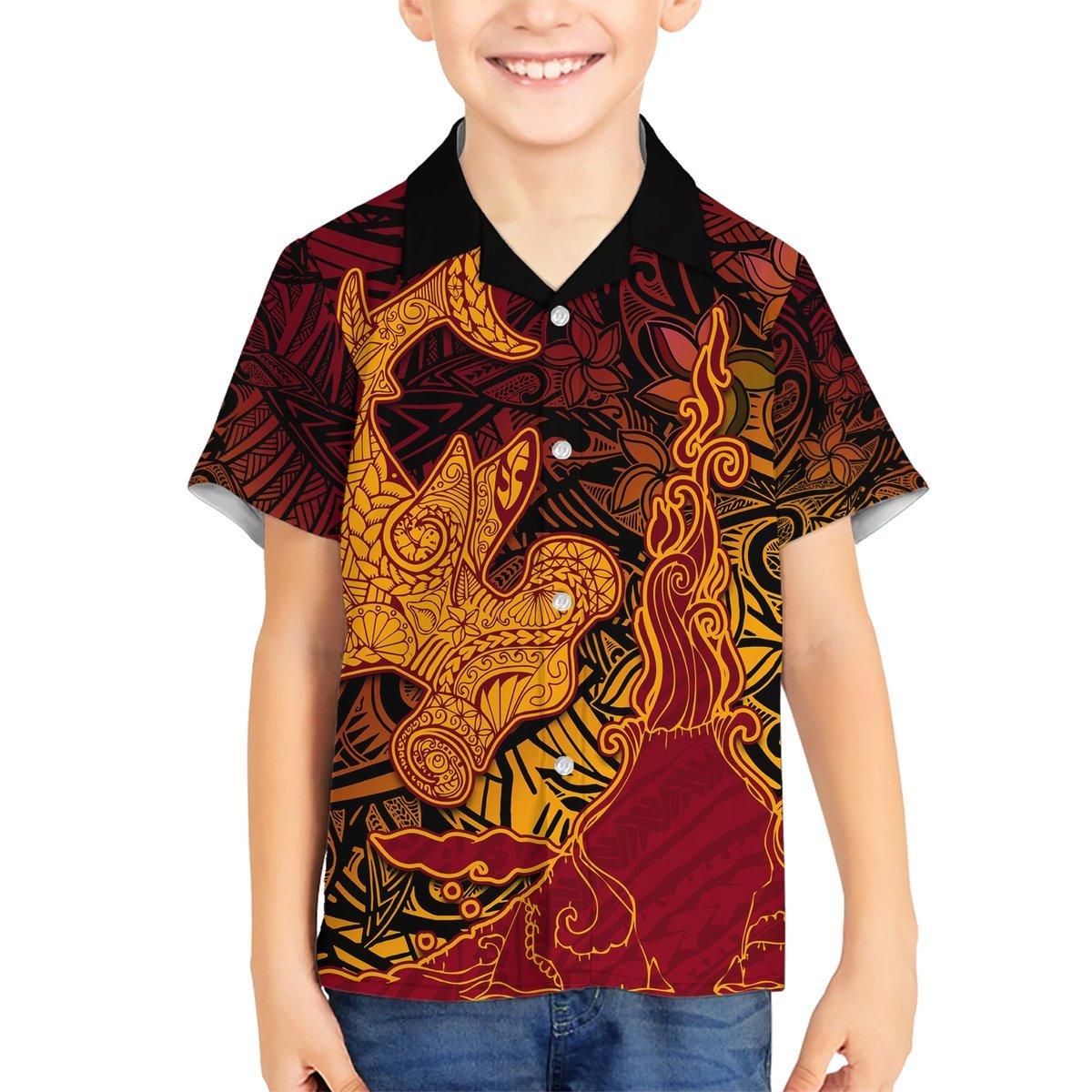 Hawaiian Volcano and Shark Hawaiian Shirt Polynesian and Hibiscus Pattern Lava Color LT03 - Polynesian Pride