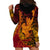 Hawaiian Volcano and Shark Hoodie Dress Polynesian and Hibiscus Pattern Lava Color