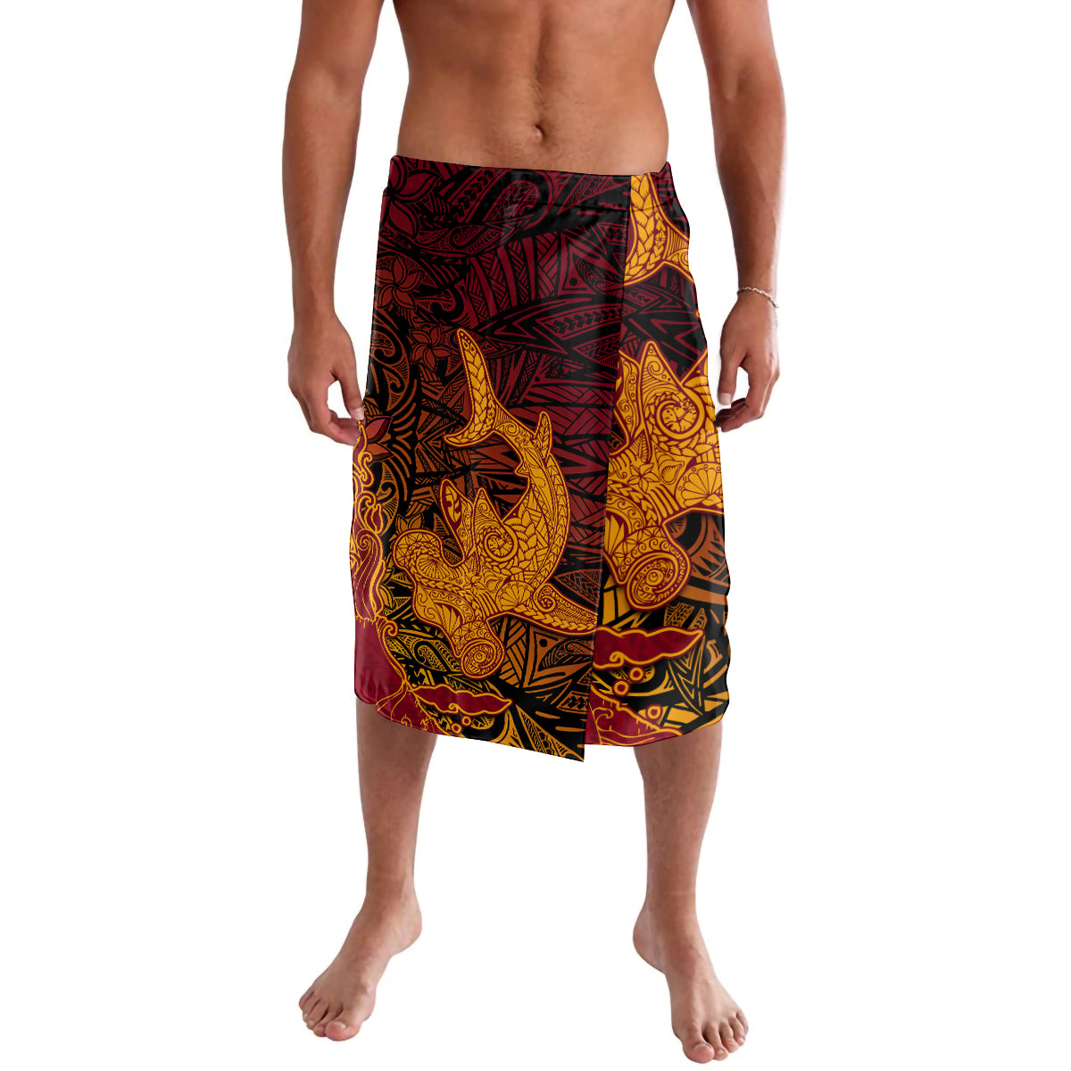 Hawaiian Volcano and Shark Lavalava Polynesian and Hibiscus Pattern Lava Color LT03 Red - Polynesian Pride