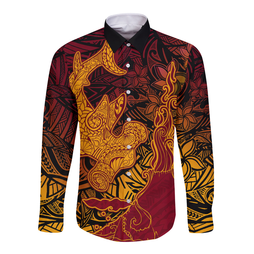 Hawaiian Volcano and Shark Long Sleeve Button Shirt Polynesian and Hibiscus Pattern Lava Color LT03 Unisex Red - Polynesian Pride