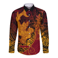 Hawaiian Volcano and Shark Long Sleeve Button Shirt Polynesian and Hibiscus Pattern Lava Color LT03 Unisex Red - Polynesian Pride