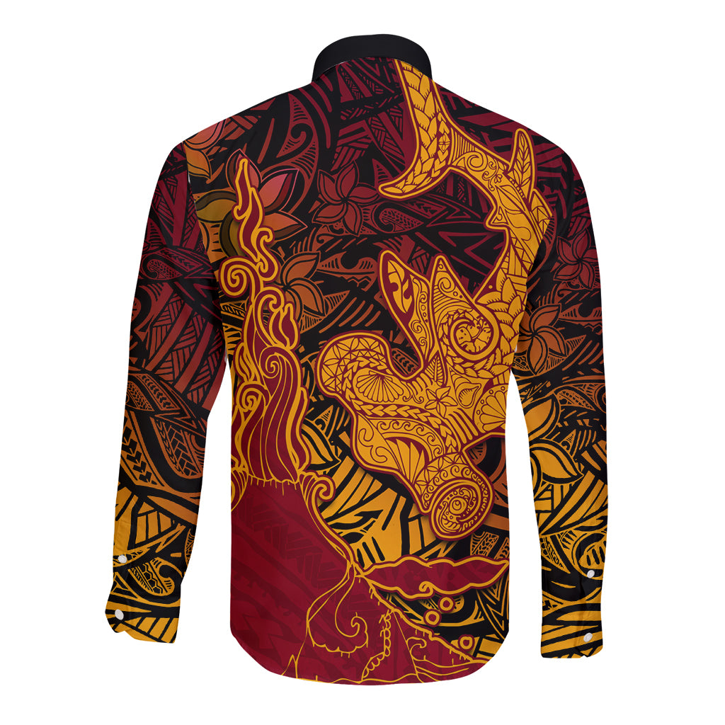 Hawaiian Volcano and Shark Long Sleeve Button Shirt Polynesian and Hibiscus Pattern Lava Color LT03 - Polynesian Pride