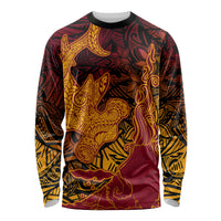 Hawaiian Volcano and Shark Long Sleeve Shirt Polynesian and Hibiscus Pattern Lava Color LT03 Unisex Red - Polynesian Pride
