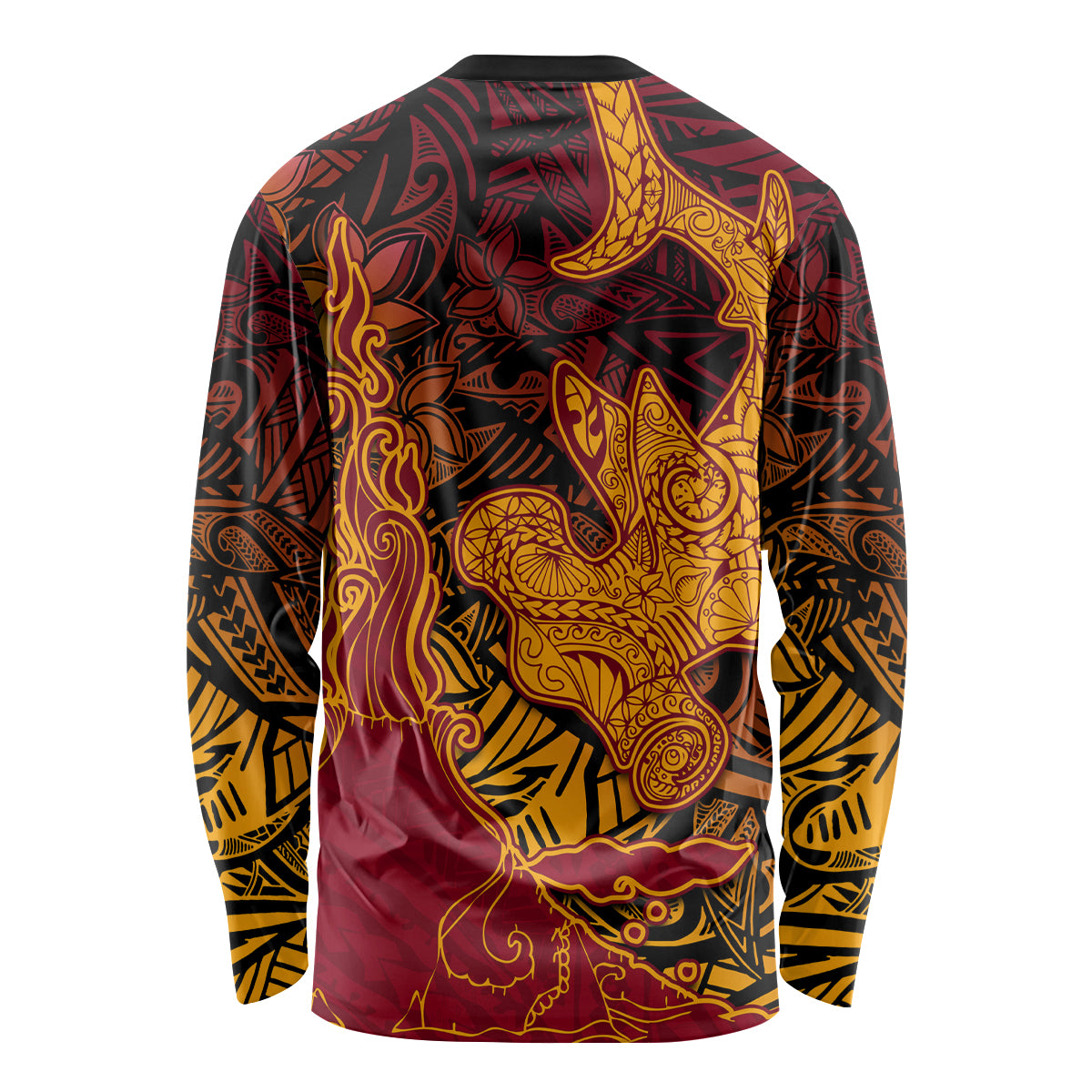 Hawaiian Volcano and Shark Long Sleeve Shirt Polynesian and Hibiscus Pattern Lava Color LT03 - Polynesian Pride