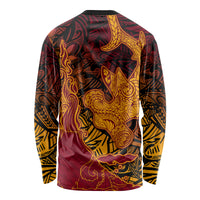 Hawaiian Volcano and Shark Long Sleeve Shirt Polynesian and Hibiscus Pattern Lava Color LT03 - Polynesian Pride
