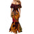 Hawaiian Volcano and Shark Mermaid Dress Polynesian and Hibiscus Pattern Lava Color