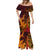 Hawaiian Volcano and Shark Mermaid Dress Polynesian and Hibiscus Pattern Lava Color