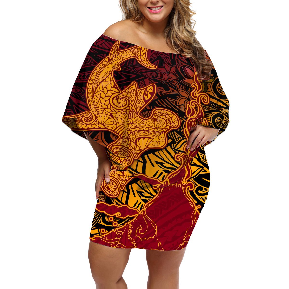 Hawaiian Volcano and Shark Off Shoulder Short Dress Polynesian and Hibiscus Pattern Lava Color LT03 Women Red - Polynesian Pride
