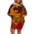 Hawaiian Volcano and Shark Off Shoulder Short Dress Polynesian and Hibiscus Pattern Lava Color