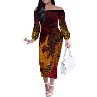 Hawaiian Volcano and Shark Off The Shoulder Long Sleeve Dress Polynesian and Hibiscus Pattern Lava Color LT03 Women Red - Polynesian Pride