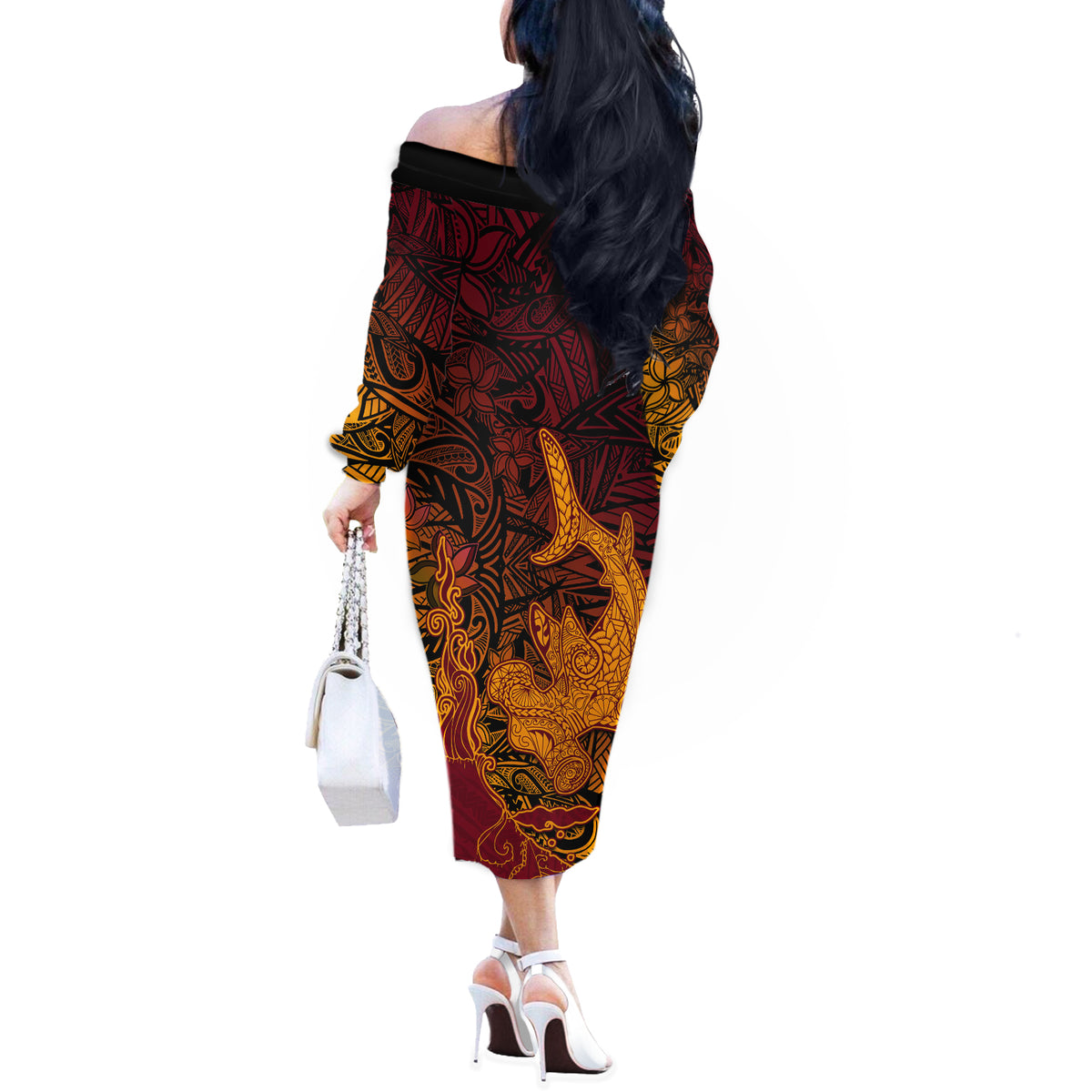 Hawaiian Volcano and Shark Off The Shoulder Long Sleeve Dress Polynesian and Hibiscus Pattern Lava Color LT03 - Polynesian Pride