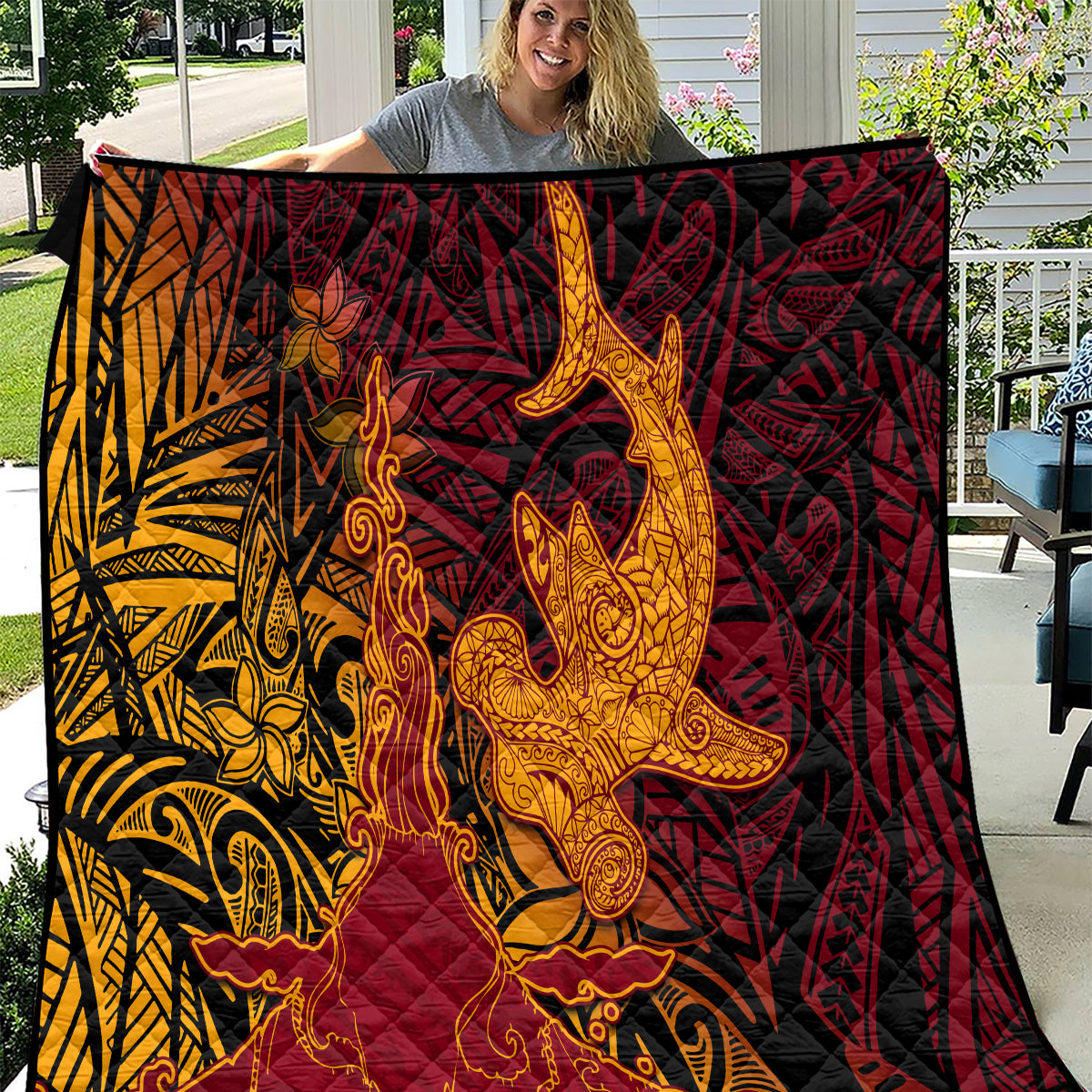 Hawaiian Volcano and Shark Quilt Polynesian and Hibiscus Pattern Lava Color