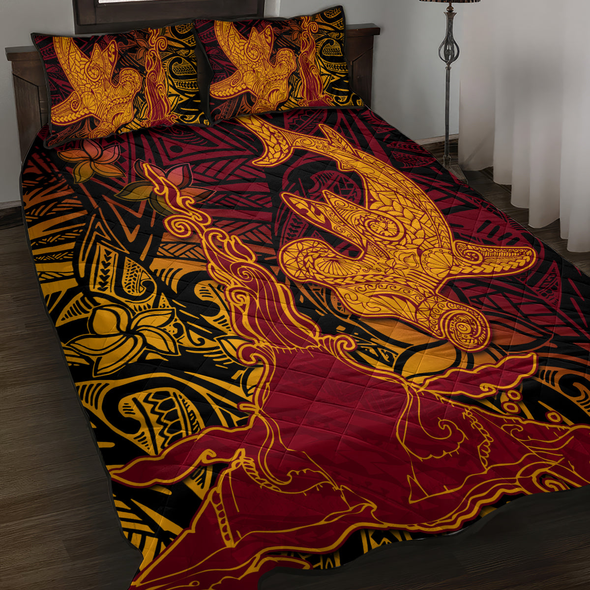 Hawaiian Volcano and Shark Quilt Bed Set Polynesian and Hibiscus Pattern Lava Color LT03 Red - Polynesian Pride
