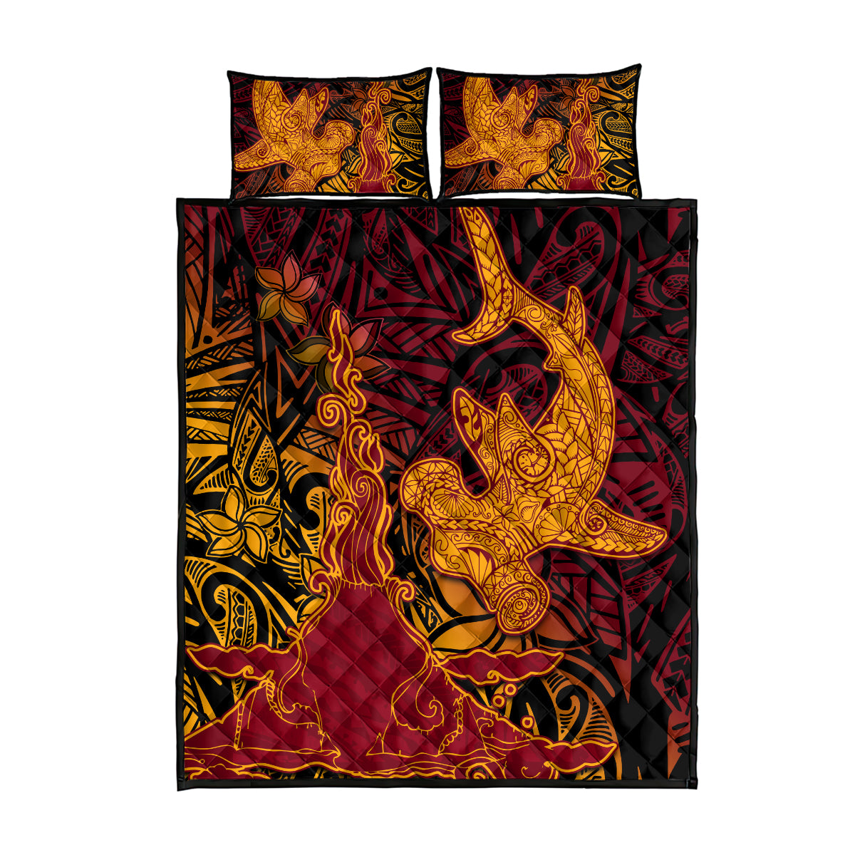 Hawaiian Volcano and Shark Quilt Bed Set Polynesian and Hibiscus Pattern Lava Color LT03 - Polynesian Pride
