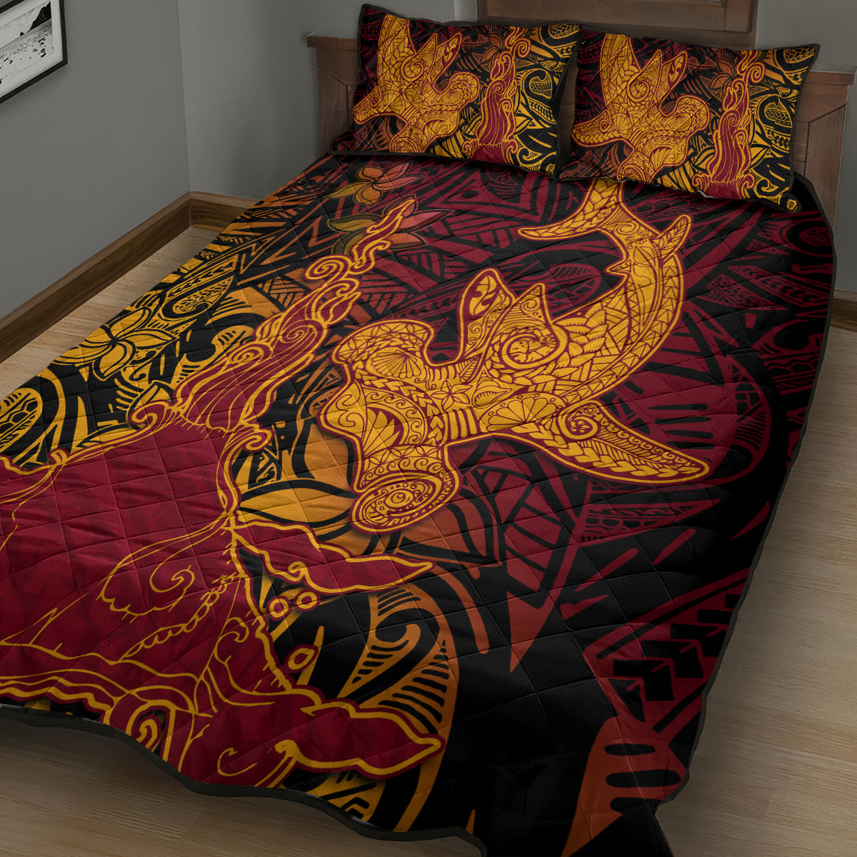 Hawaiian Volcano and Shark Quilt Bed Set Polynesian and Hibiscus Pattern Lava Color LT03 - Polynesian Pride