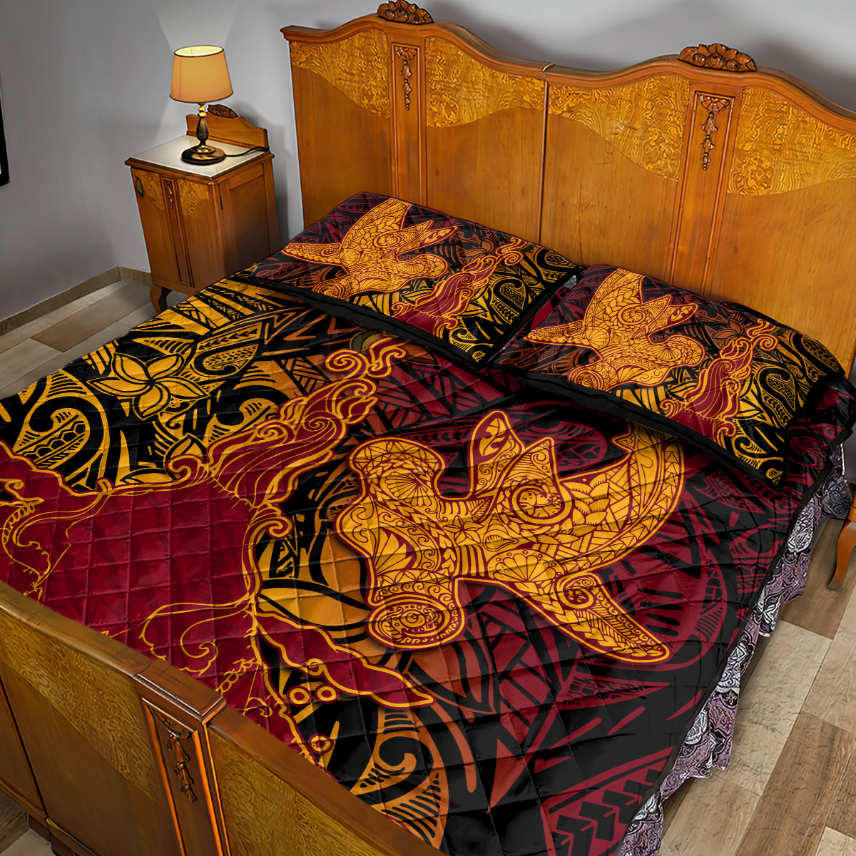 Hawaiian Volcano and Shark Quilt Bed Set Polynesian and Hibiscus Pattern Lava Color LT03 - Polynesian Pride