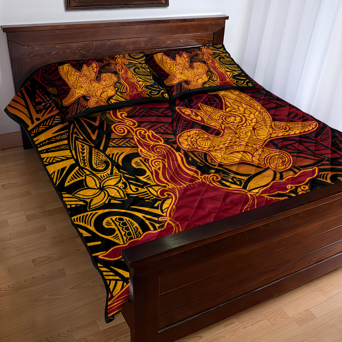 Hawaiian Volcano and Shark Quilt Bed Set Polynesian and Hibiscus Pattern Lava Color LT03 - Polynesian Pride