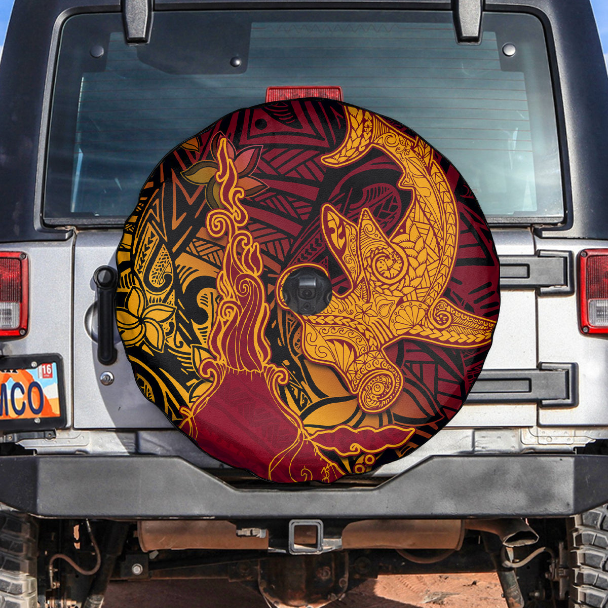 Hawaiian Volcano and Shark Spare Tire Cover Polynesian and Hibiscus Pattern Lava Color LT03 Red - Polynesian Pride