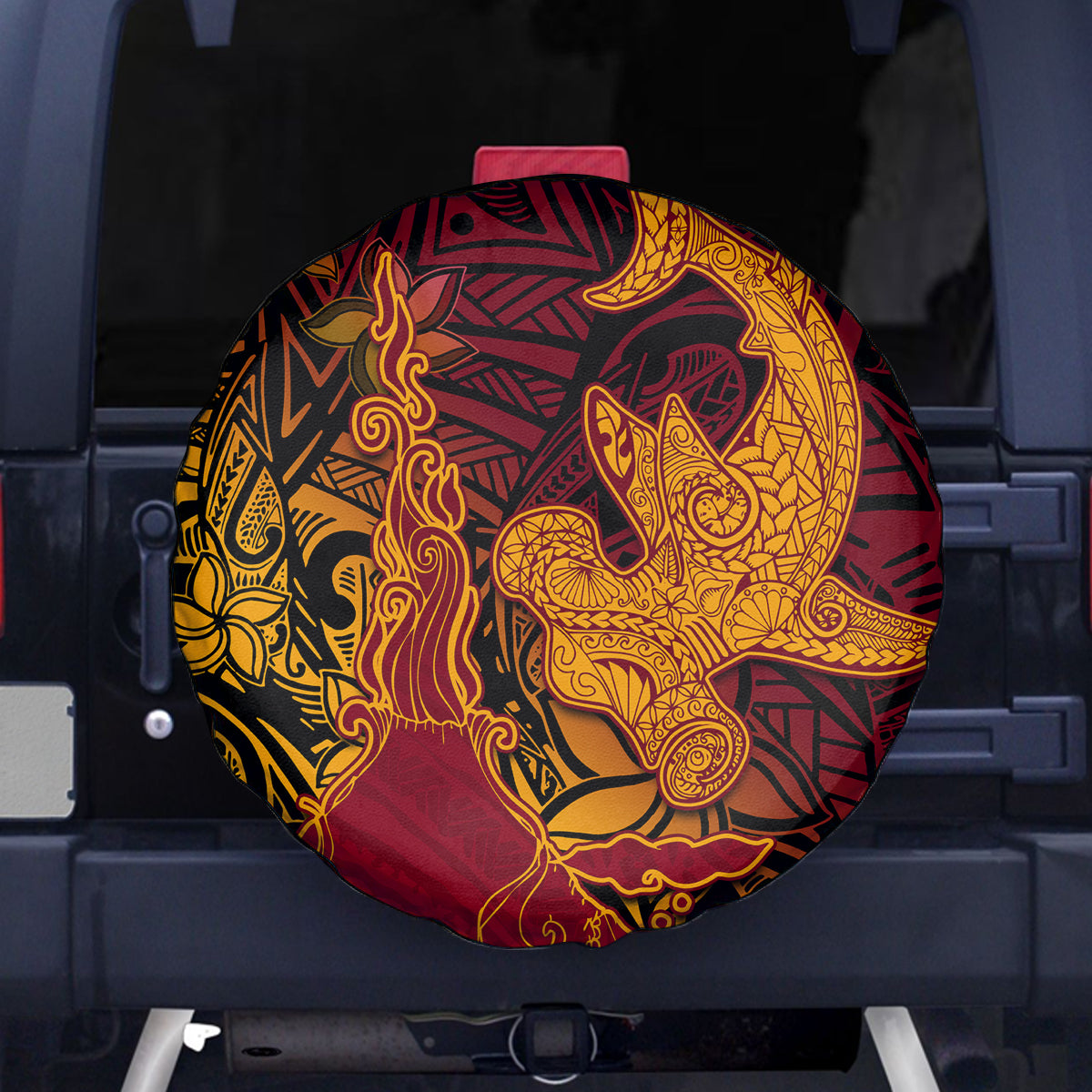 Hawaiian Volcano and Shark Spare Tire Cover Polynesian and Hibiscus Pattern Lava Color LT03 - Polynesian Pride