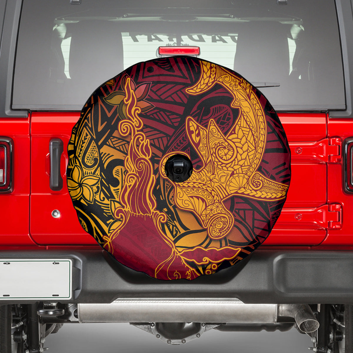 Hawaiian Volcano and Shark Spare Tire Cover Polynesian and Hibiscus Pattern Lava Color LT03 - Polynesian Pride