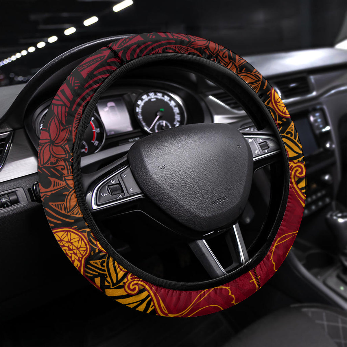 Hawaiian Volcano and Shark Steering Wheel Cover Polynesian and Hibiscus Pattern Lava Color