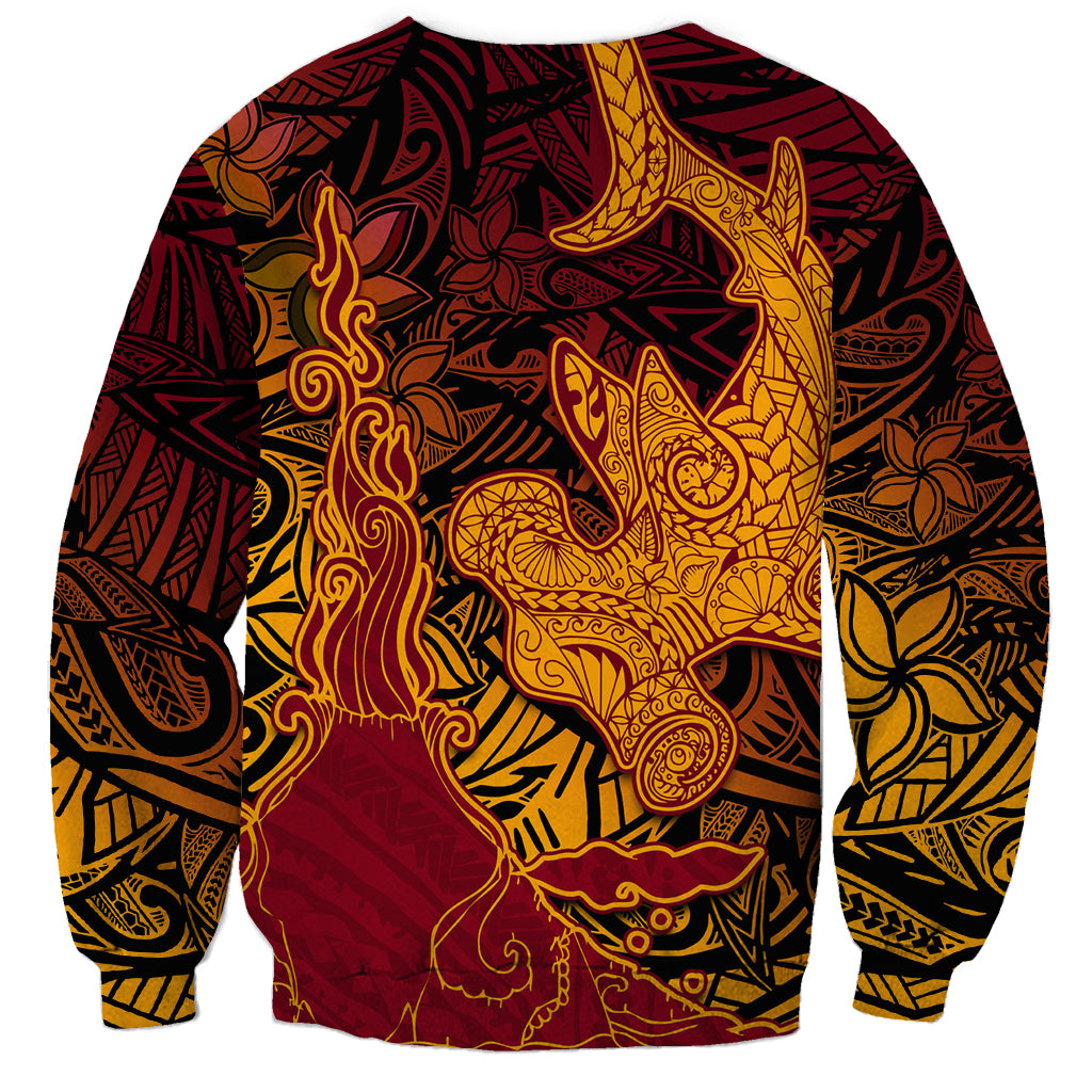 Hawaiian Volcano and Shark Sweatshirt Polynesian and Hibiscus Pattern Lava Color LT03 - Polynesian Pride