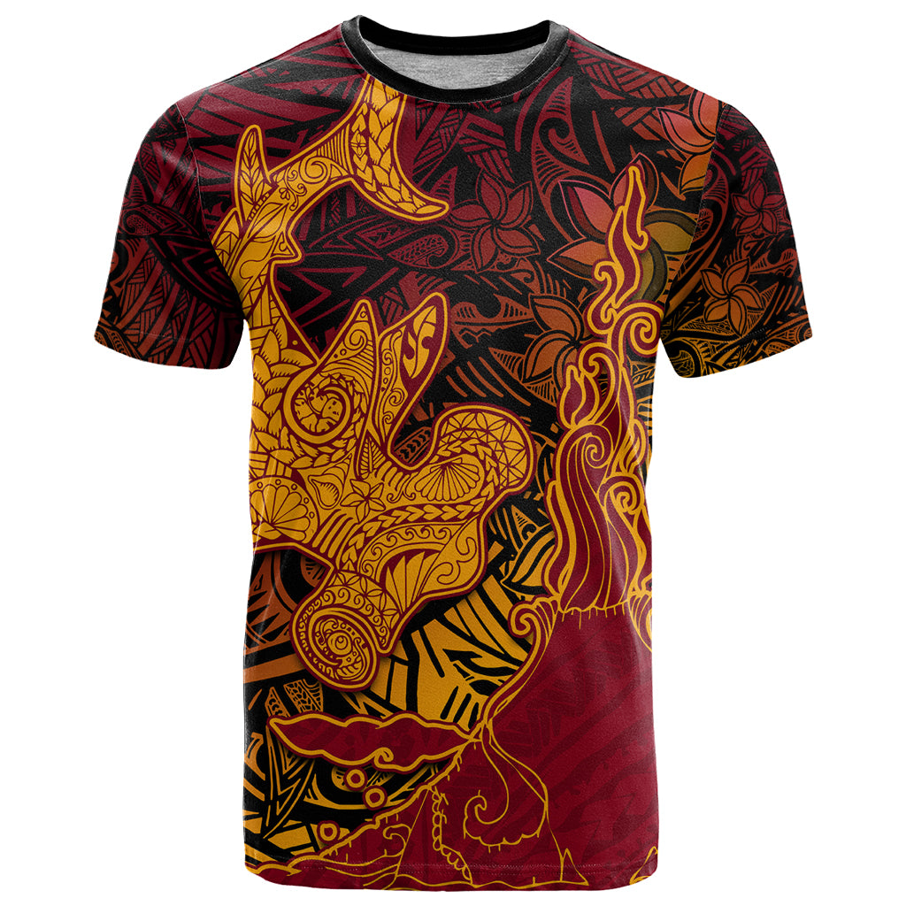 Hawaiian Volcano and Shark T Shirt Polynesian and Hibiscus Pattern Lava Color LT03 Red - Polynesian Pride