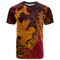 Hawaiian Volcano and Shark T Shirt Polynesian and Hibiscus Pattern Lava Color LT03 Red - Polynesian Pride
