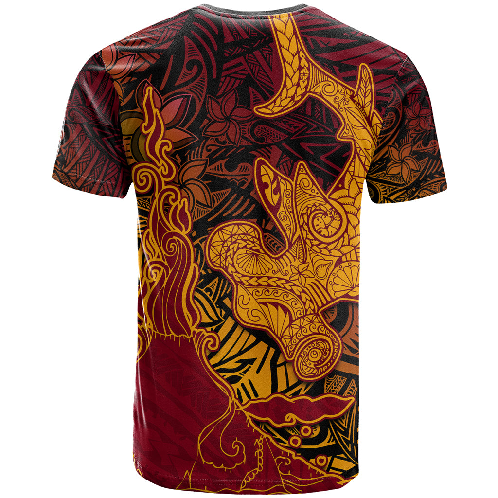 Hawaiian Volcano and Shark T Shirt Polynesian and Hibiscus Pattern Lava Color LT03 - Polynesian Pride