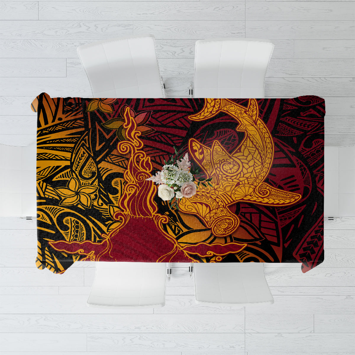 Hawaiian Volcano and Shark Tablecloth Polynesian and Hibiscus Pattern Lava Color