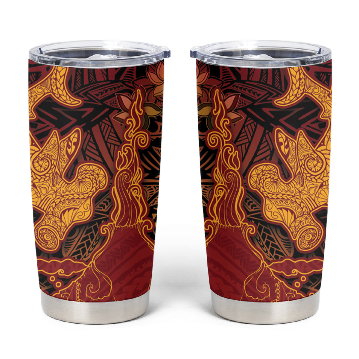 Hawaiian Volcano and Shark Tumbler Cup Polynesian and Hibiscus Pattern Lava Color LT03 Red - Polynesian Pride