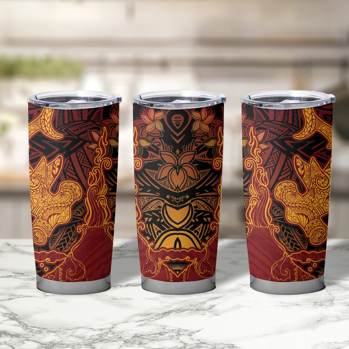 Hawaiian Volcano and Shark Tumbler Cup Polynesian and Hibiscus Pattern Lava Color LT03 - Polynesian Pride