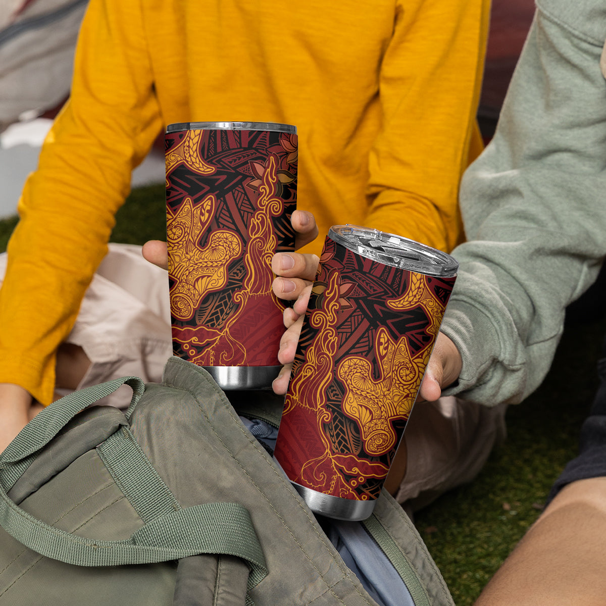 Hawaiian Volcano and Shark Tumbler Cup Polynesian and Hibiscus Pattern Lava Color LT03 - Polynesian Pride