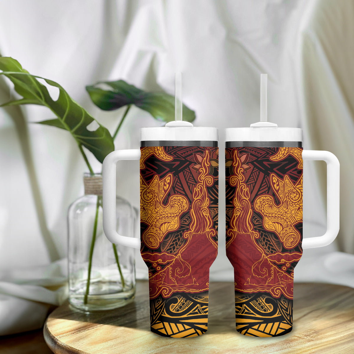 Hawaiian Volcano and Shark Tumbler With Handle Polynesian and Hibiscus Pattern Lava Color LT03 - Polynesian Pride