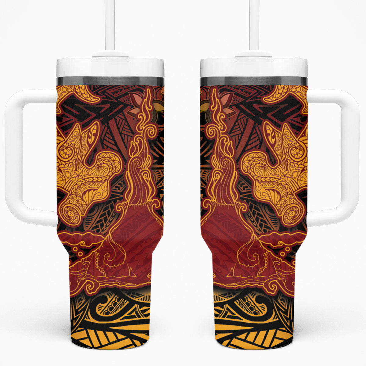 Hawaiian Volcano and Shark Tumbler With Handle Polynesian and Hibiscus Pattern Lava Color LT03 One Size: 40 oz Red - Polynesian Pride