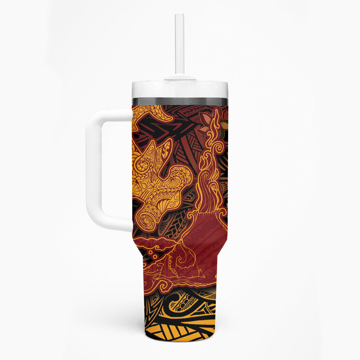 Hawaiian Volcano and Shark Tumbler With Handle Polynesian and Hibiscus Pattern Lava Color LT03 - Polynesian Pride