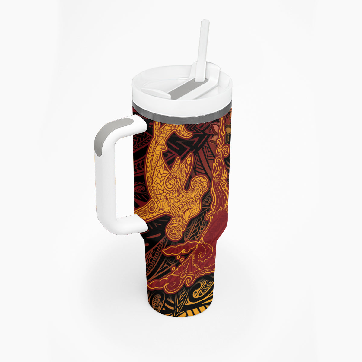 Hawaiian Volcano and Shark Tumbler With Handle Polynesian and Hibiscus Pattern Lava Color LT03 - Polynesian Pride