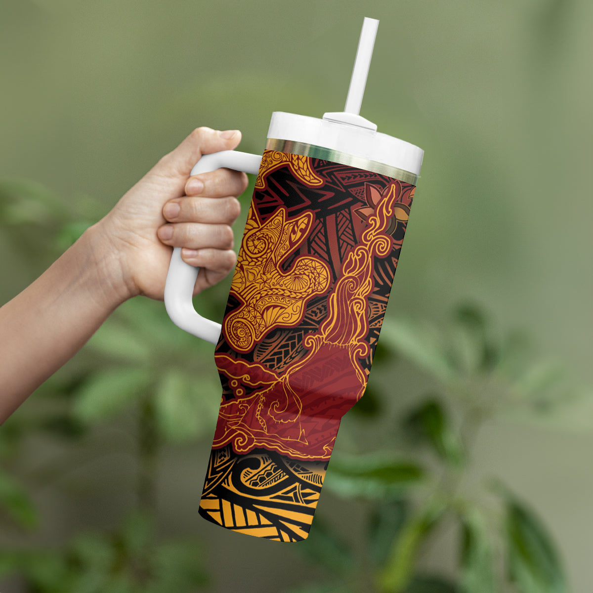 Hawaiian Volcano and Shark Tumbler With Handle Polynesian and Hibiscus Pattern Lava Color LT03 - Polynesian Pride