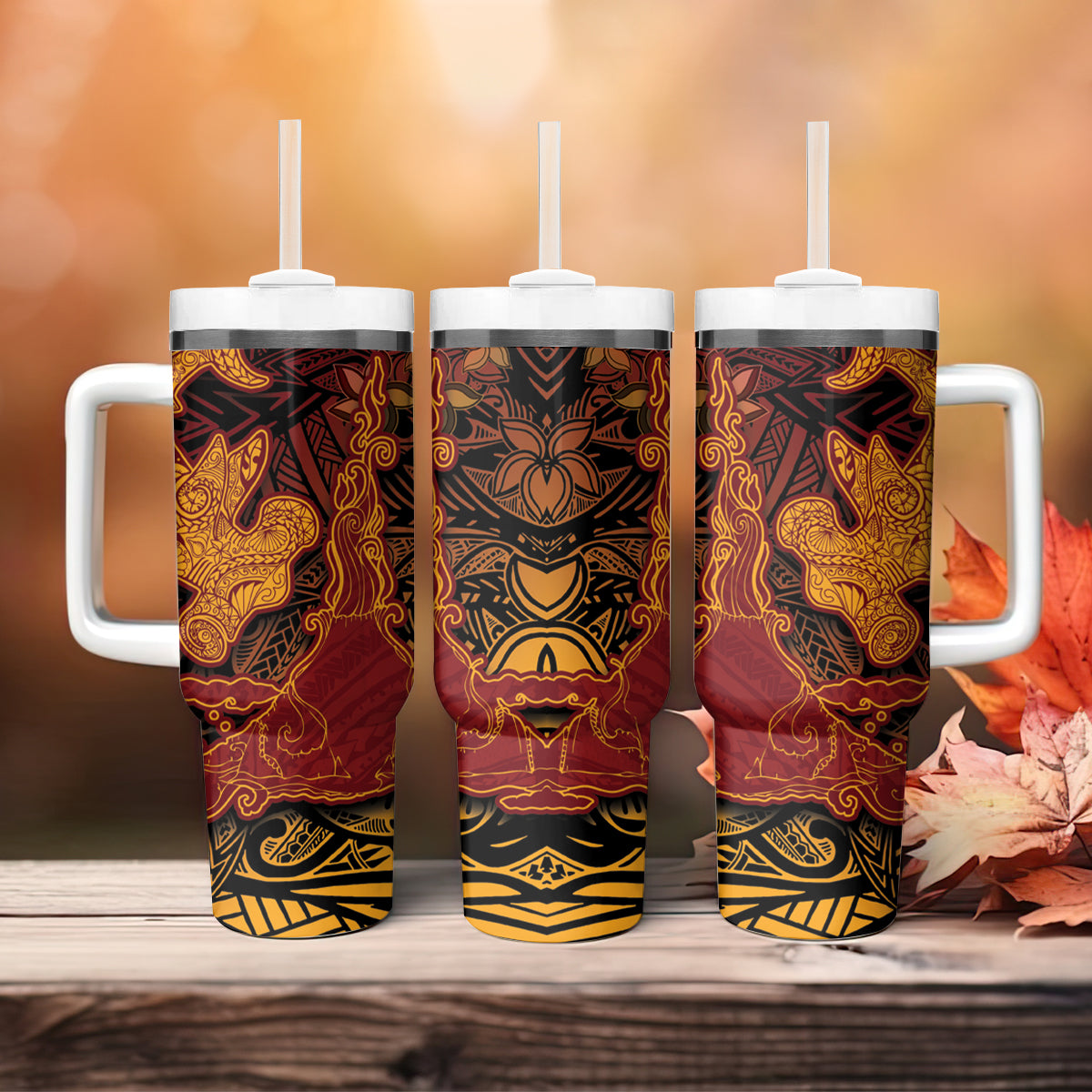 Hawaiian Volcano and Shark Tumbler With Handle Polynesian and Hibiscus Pattern Lava Color LT03 - Polynesian Pride