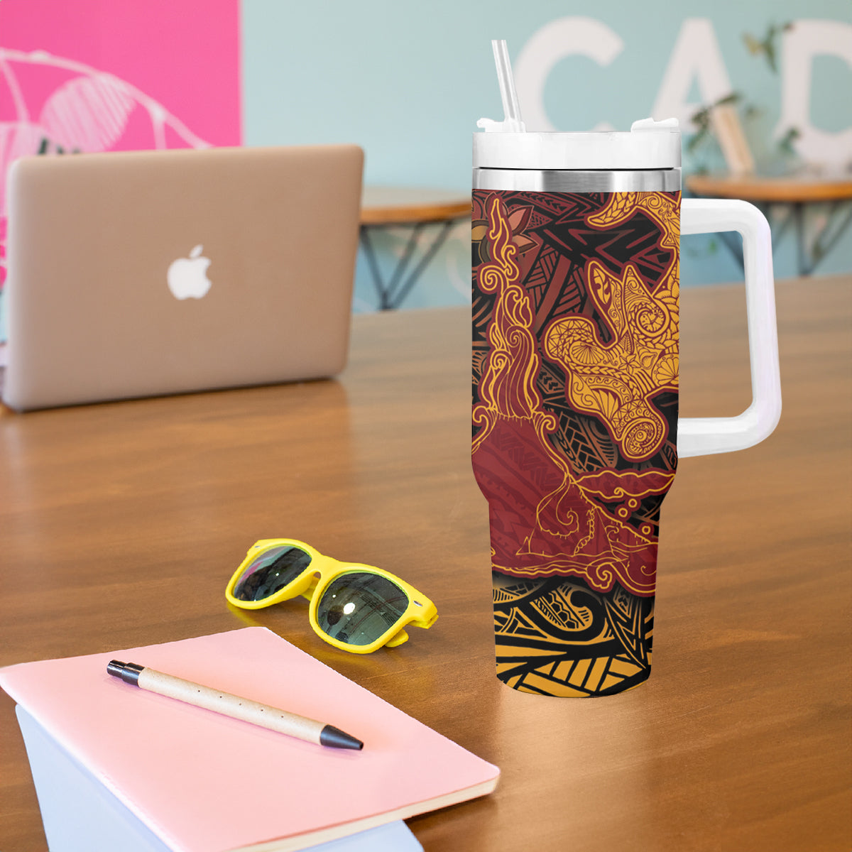 Hawaiian Volcano and Shark Tumbler With Handle Polynesian and Hibiscus Pattern Lava Color LT03 - Polynesian Pride